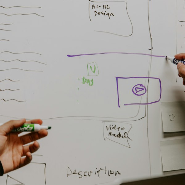 Dossier Führung 2030: Zwei Personen planen am Whiteboard