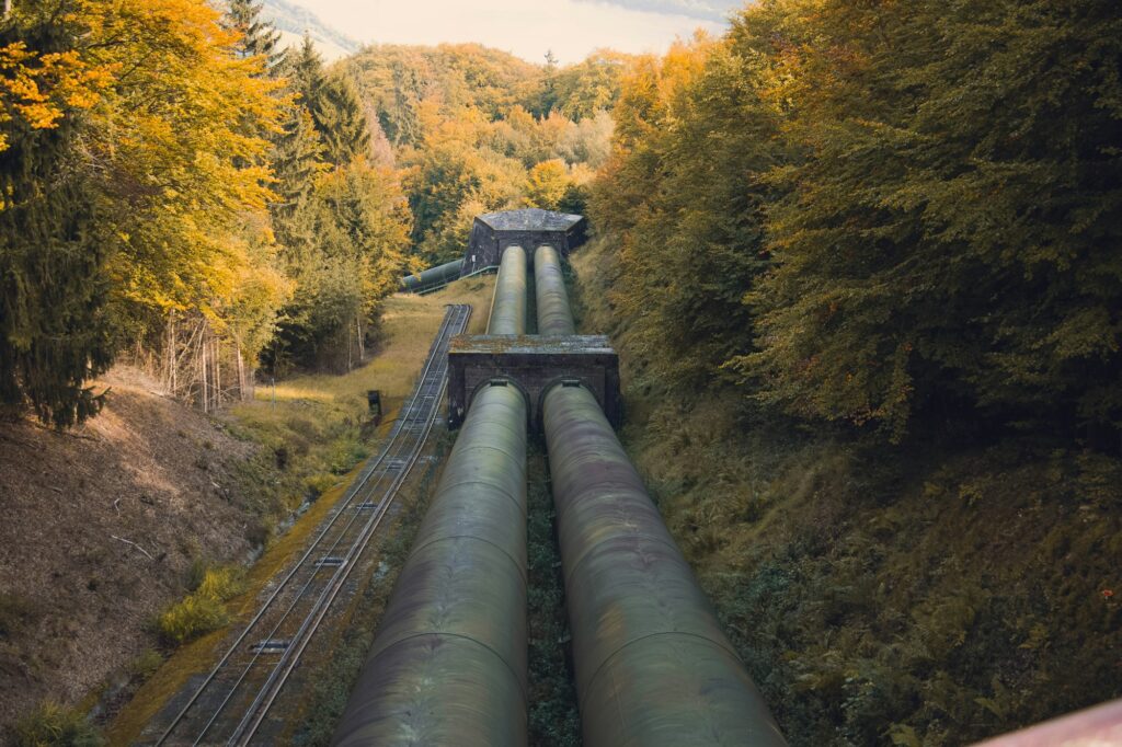 Energiepreise: Gasleitung aus Metall zwischen Bäumen